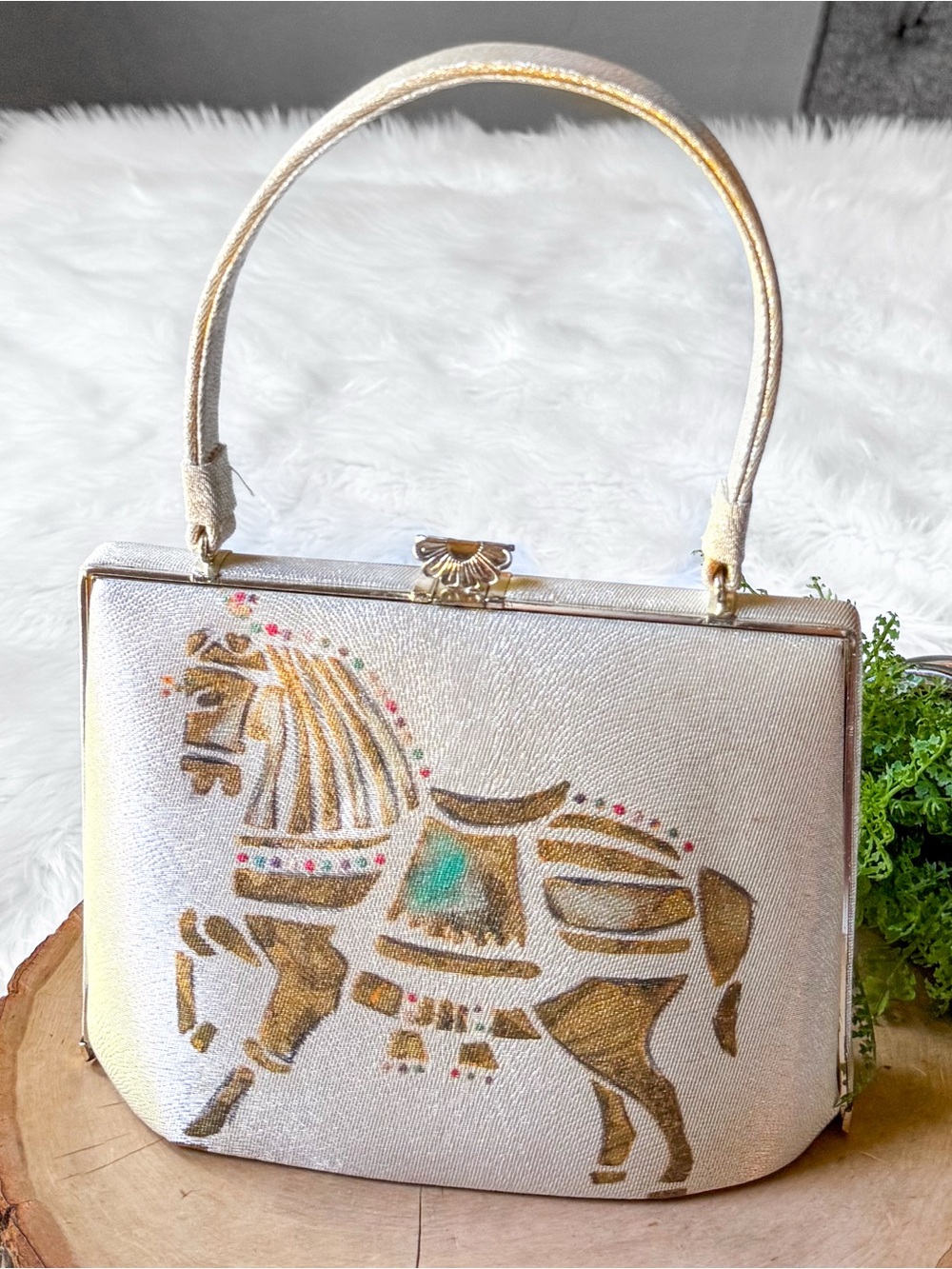 Vintage Nishijin Brocade Japanese Clutch Bag KIMONO Silk Handbag Metallic Horse